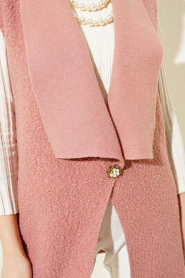 Kruvaze Yaka Salaş Buklet Yelek Gül Kurusu - Thumbnail