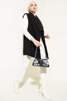 Kruvaze Yaka Salaş Buklet Yelek Siyah - Thumbnail