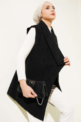 Kruvaze Yaka Salaş Buklet Yelek Siyah - Thumbnail