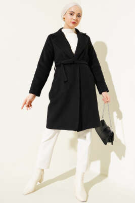 Kruvaze Yaka Kaşe Kaban Siyah - Thumbnail