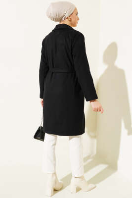 Kruvaze Yaka Kaşe Kaban Siyah - Thumbnail