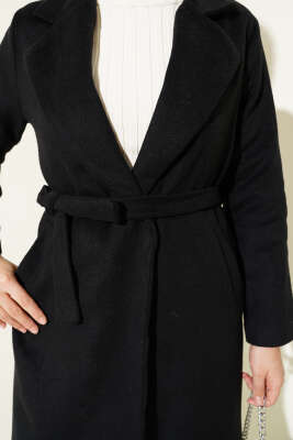 Kruvaze Yaka Kaşe Kaban Siyah - Thumbnail