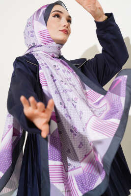 Pazarium - Çiçekli Geometri Desen Medine İpeği Şal Menekşe