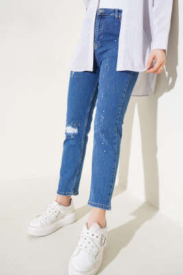 Yırtık Detaylı Taşlı Dar Paça Kot Pantolon Kot - Thumbnail