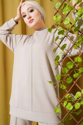 Önü Çımalı Tunik İkili Takım Bej - Thumbnail