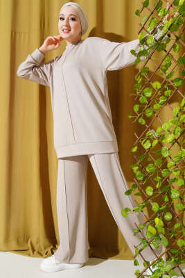 Önü Çımalı Tunik İkili Takım Bej - Thumbnail