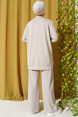 Önü Çımalı Tunik İkili Takım Bej - Thumbnail