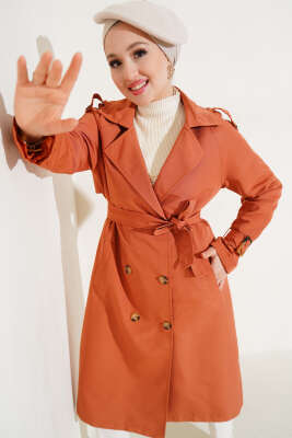 Pazarium - Apoletli Kruvaze Yaka Trençkot Kiremit