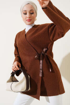 Önü Kurdeleli Buklet Ceket Kahve - Thumbnail