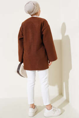 Önü Kurdeleli Buklet Ceket Kahve - Thumbnail