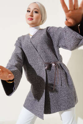 Pazarium - Önü Kurdeleli Buklet Ceket Füme