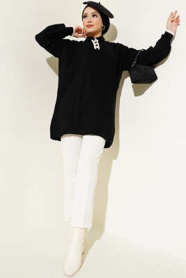 Üç Düğmeli Triko Tunik Siyah - Thumbnail