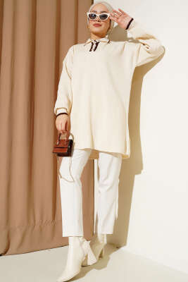 Üç Düğmeli Triko Tunik Bej - Thumbnail