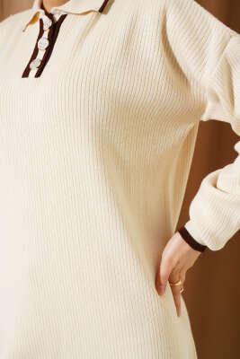 Üç Düğmeli Triko Tunik Bej - Thumbnail