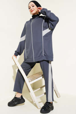 Pazarium - Loyşa Garnili Kapüşonlu İkili Takım Füme