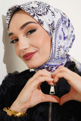 Etnik Çiçekli Soft Eşarp Siyah Mor - Thumbnail