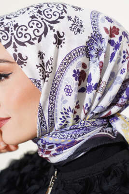 Etnik Çiçekli Soft Eşarp Siyah Mor - Thumbnail