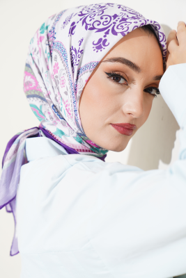 Etnik Çiçekli Soft Eşarp Mor Beyaz - Thumbnail