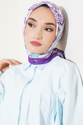 Etnik Çiçekli Soft Eşarp Mor Beyaz - Thumbnail