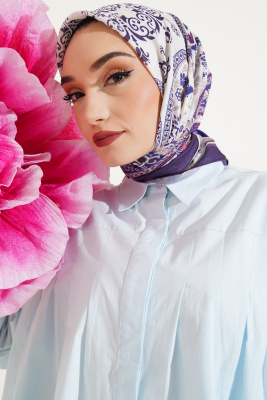 Etnik Çiçekli Soft Eşarp Koyu Mor - Thumbnail