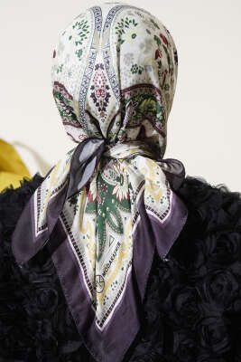 Etnik Çiçekli Soft Eşarp Antrasit - Thumbnail