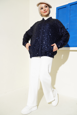 Pul Payet Fermuarlı Ceket Lacivert - Thumbnail