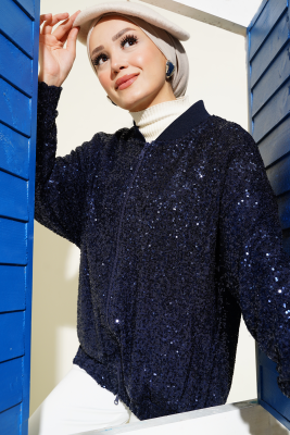 Pazarium - Pul Payet Fermuarlı Ceket Lacivert