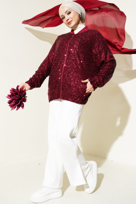 Pul Payet Fermuarlı Ceket Bordo - Thumbnail