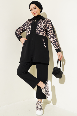 Pazarium - Leopar Garnili Hırkalı İkili Takım Siyah