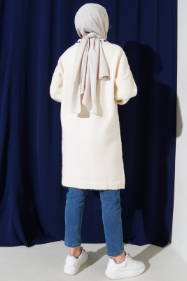 Gömlek İşi Şeritli Yumoş Triko Tunik Vanilya - Thumbnail