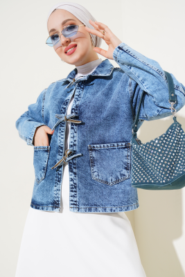 Önü Üç Bağlamalı Kot Ceket Açık Kar - Thumbnail