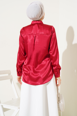 Hafif Dökümlü Saten Gömlek Bordo - Thumbnail