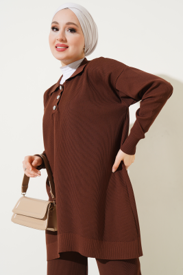 Polyelit Gömlek Yaka İkili Takım Kahve - Thumbnail