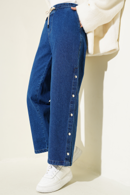 Bel Lastikli Yanları Çıtçıtlı Kot Pantolon Orta Mavi - Thumbnail