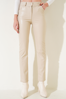 Pazarium - Dar Paça Deri Pantolon Bej