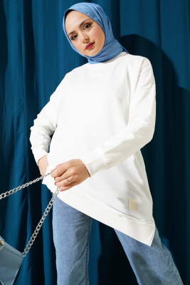 Pazarium - Armalı Yırtmaç Detaylı Tunik Ekru