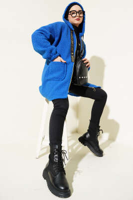 Kapüşonlu Fermuarlı Buklet Kaban Saks - Thumbnail