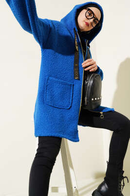 Kapüşonlu Fermuarlı Buklet Kaban Saks - Thumbnail