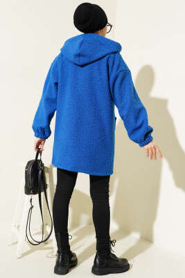 Kapüşonlu Fermuarlı Buklet Kaban Saks - Thumbnail