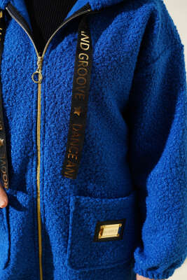 Kapüşonlu Fermuarlı Buklet Kaban Saks - Thumbnail