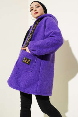 Kapüşonlu Fermuarlı Buklet Kaban Mor - Thumbnail