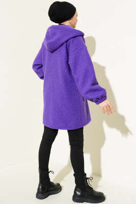 Kapüşonlu Fermuarlı Buklet Kaban Mor - Thumbnail