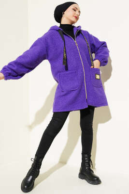 Kapüşonlu Fermuarlı Buklet Kaban Mor - Thumbnail