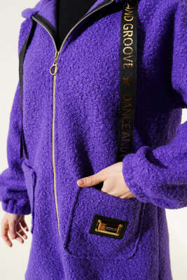 Kapüşonlu Fermuarlı Buklet Kaban Mor - Thumbnail