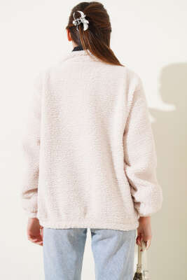 Yarım Fermuarlı Peluş Sweatshirt Bej - Thumbnail