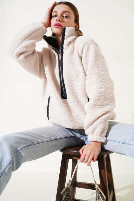 Yarım Fermuarlı Peluş Sweatshirt Bej - Thumbnail