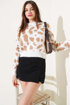 Leopar Desenli Crop Triko Kazak Kemik - Thumbnail