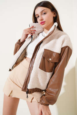 Deri Garnili Cepli Peluş Mont Taba - Thumbnail