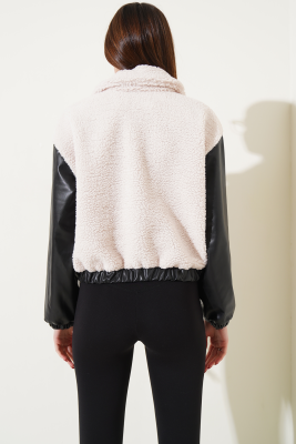 Deri Garnili Cepli Peluş Mont Siyah - Thumbnail