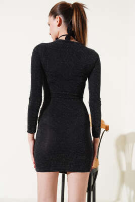 V Yaka Simli Mini Elbise Siyah - Thumbnail